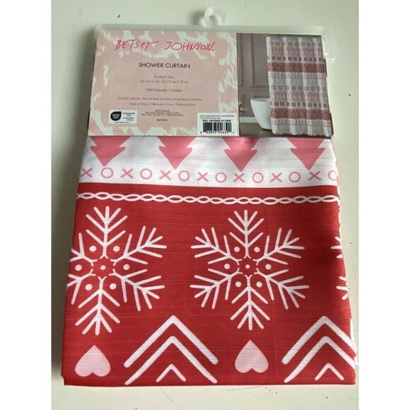 Betsey Johnson Pink Fair Isle Christmas Tree Snowflakes Fabric Shower Curtain - Picture 7 of 13